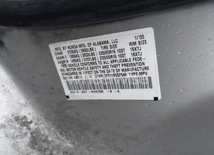 Photo 9 of 2005 Honda Odyssey EX-L (VIN 5FNRL38785B052549)