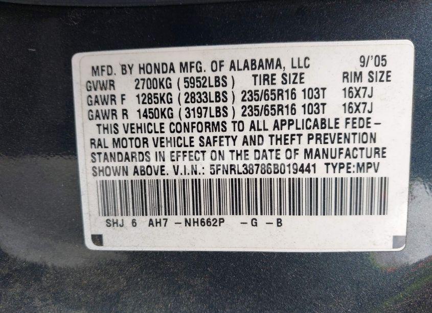 Photo 9 of 2006 Honda Odyssey EX-L (VIN 5FNRL38786B019441)