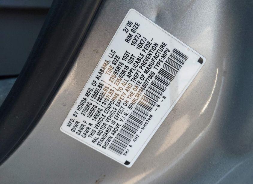 Photo 9 of 2006 Honda Odyssey EX-L (VIN 5FNRL38786B077369)