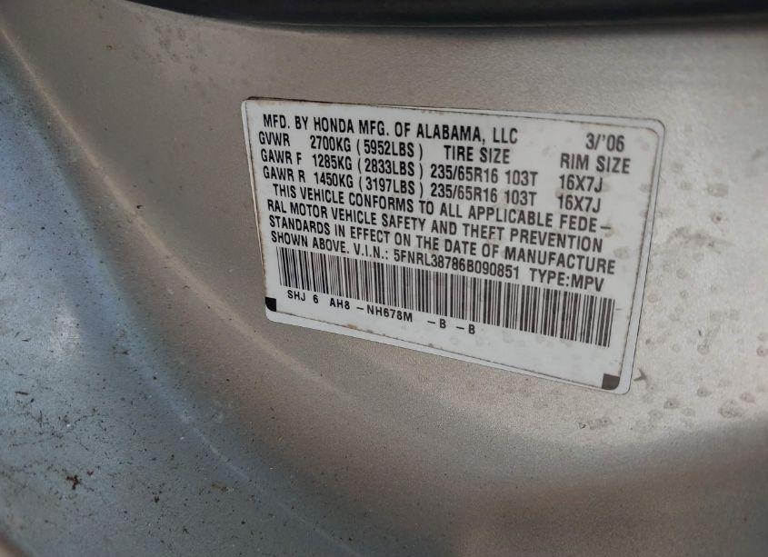 Photo 9 of 2006 Honda Odyssey EX-L (VIN 5FNRL38786B090851)