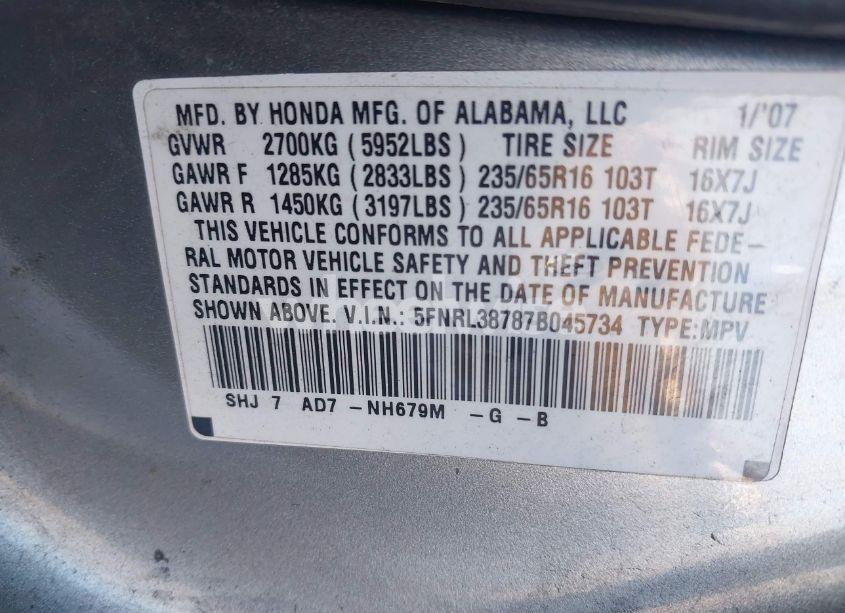 Photo 9 of 2007 Honda Odyssey EX-L (VIN 5FNRL38787B045734)