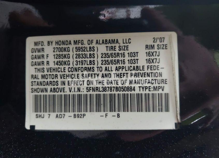 Photo 9 of 2007 Honda Odyssey EX-L (VIN 5FNRL38787B050884)