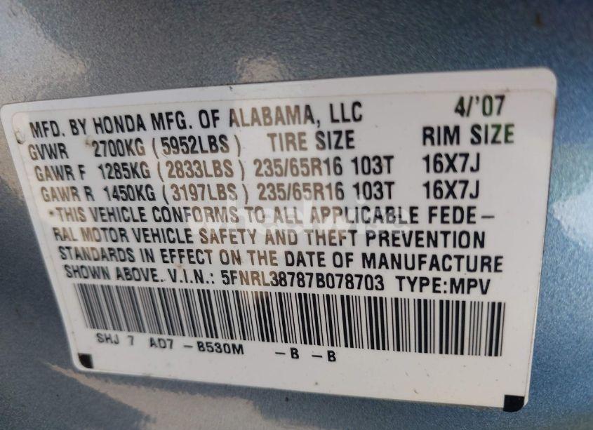 Photo 9 of 2007 Honda Odyssey EX-L (VIN 5FNRL38787B078703)