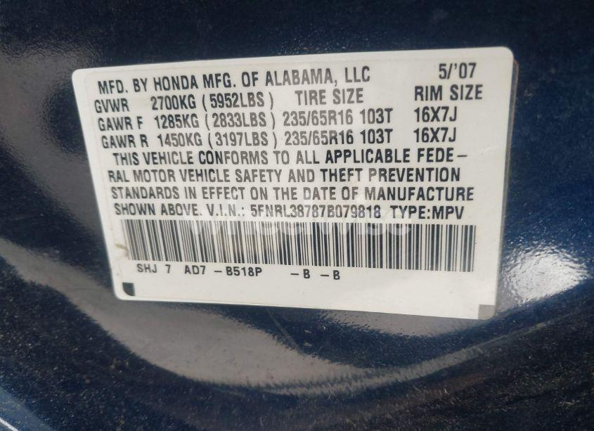 Photo 9 of 2007 Honda Odyssey EX-L (VIN 5FNRL38787B079818)
