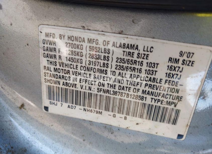 Photo 9 of 2007 Honda Odyssey EX-L (VIN 5FNRL38787B128581)