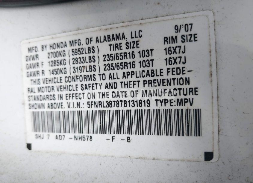 Photo 9 of 2007 Honda Odyssey EX-L (VIN 5FNRL38787B131819)