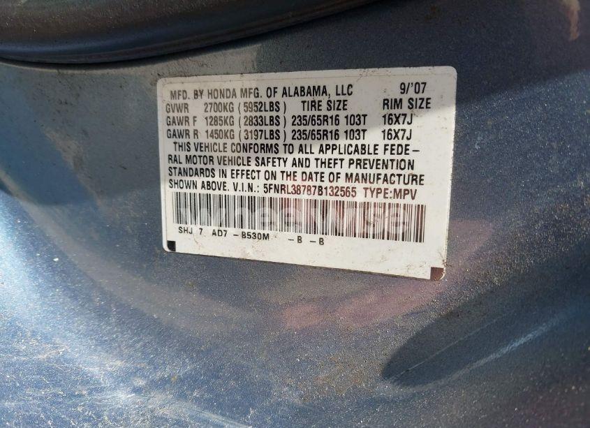 Photo 9 of 2007 Honda Odyssey EX-L (VIN 5FNRL38787B132565)