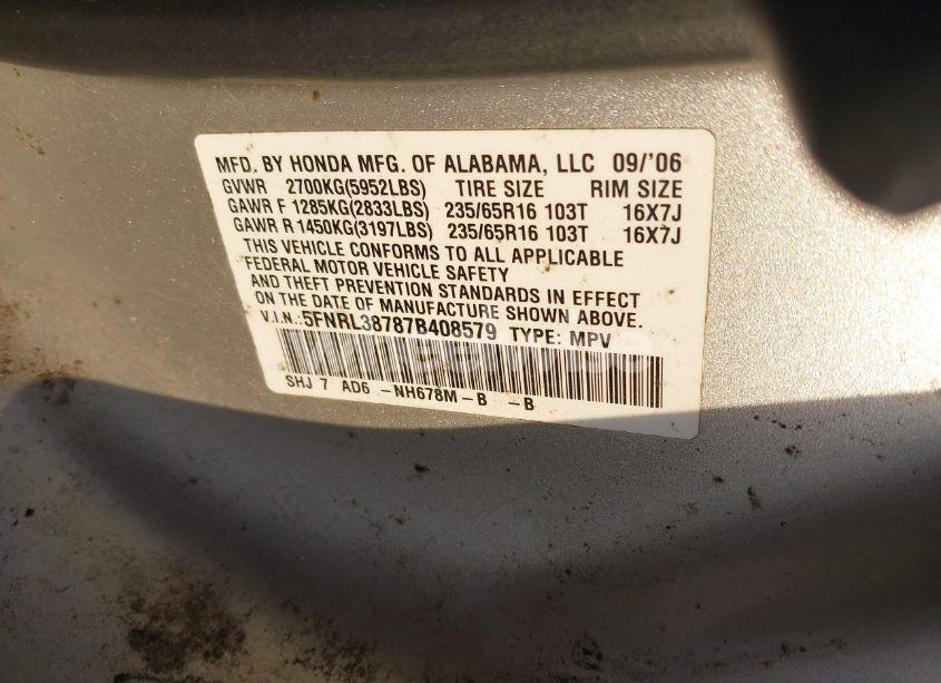 Photo 9 of 2007 Honda Odyssey EX-L (VIN 5FNRL38787B408579)