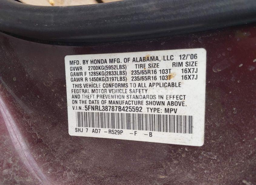 Photo 9 of 2007 Honda Odyssey EX-L (VIN 5FNRL38787B425592)