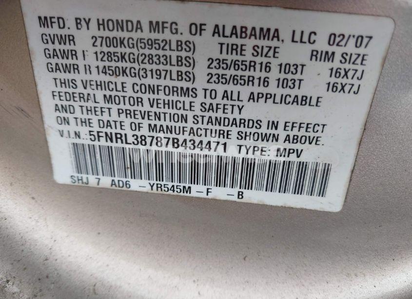 Photo 9 of 2007 Honda Odyssey EX-L (VIN 5FNRL38787B434471)