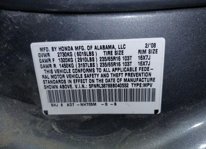 Photo 9 of 2008 Honda Odyssey EX-L (VIN 5FNRL38788B040552)