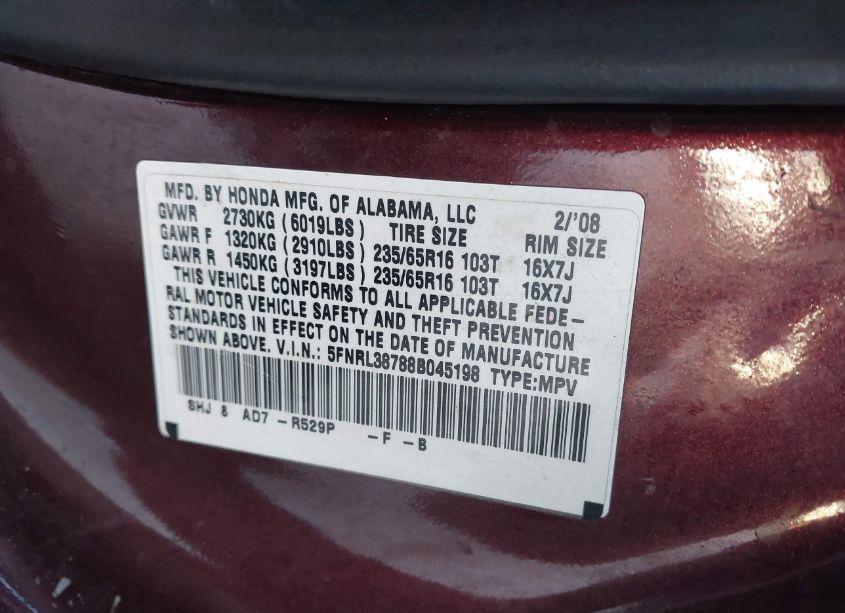 Photo 9 of 2008 Honda Odyssey EXL (VIN 5FNRL38788B045198)