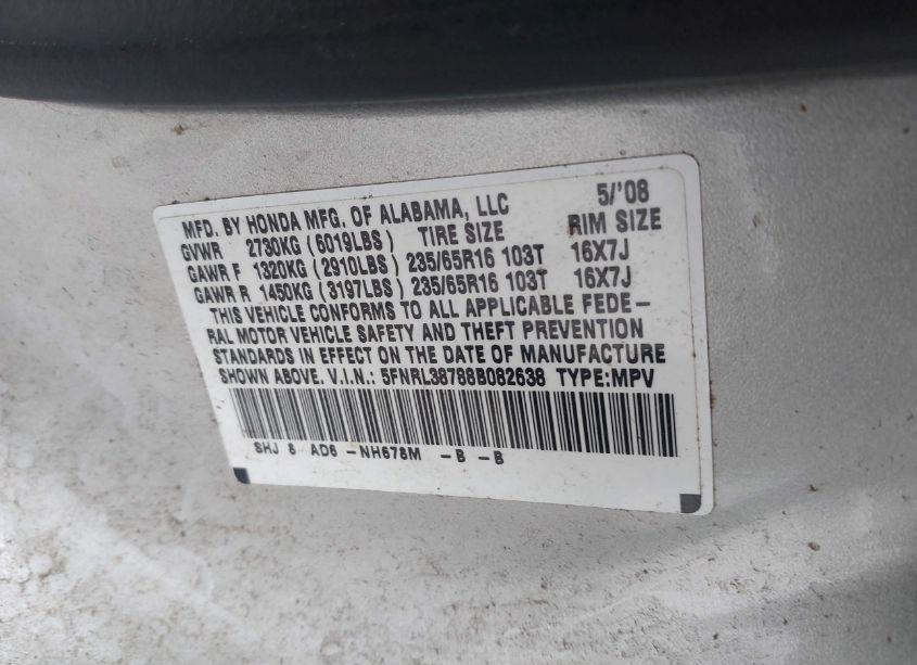 Photo 9 of 2008 Honda Odyssey EX-L (VIN 5FNRL38788B082638)