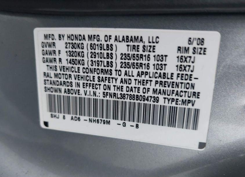 Photo 9 of 2008 Honda Odyssey EX-L (VIN 5FNRL38788B094739)