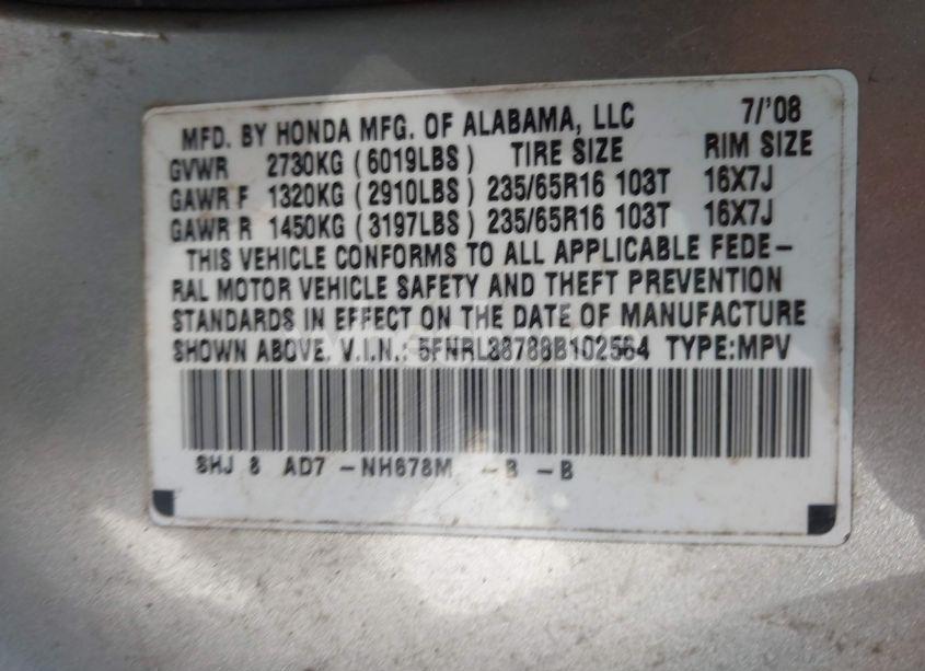 Photo 9 of 2008 Honda Odyssey EX-L (VIN 5FNRL38788B102564)