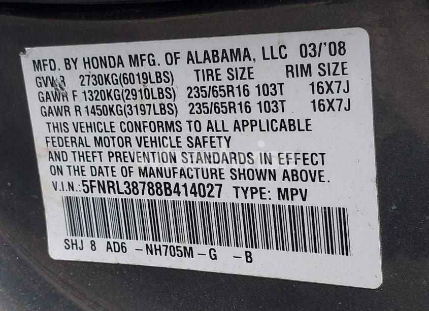 Photo 9 of 2008 Honda Odyssey EX-L (VIN 5FNRL38788B414027)