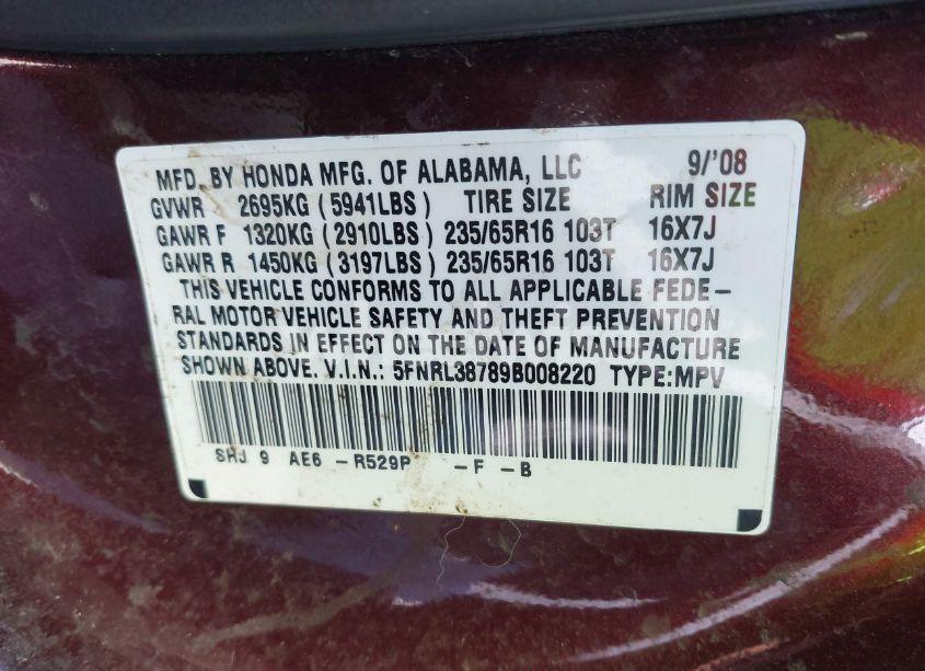 Photo 9 of 2009 Honda Odyssey EX-L (VIN 5FNRL38789B008220)