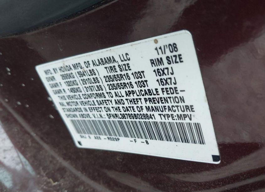 Photo 9 of 2009 Honda Odyssey EX-L (VIN 5FNRL38789B028841)