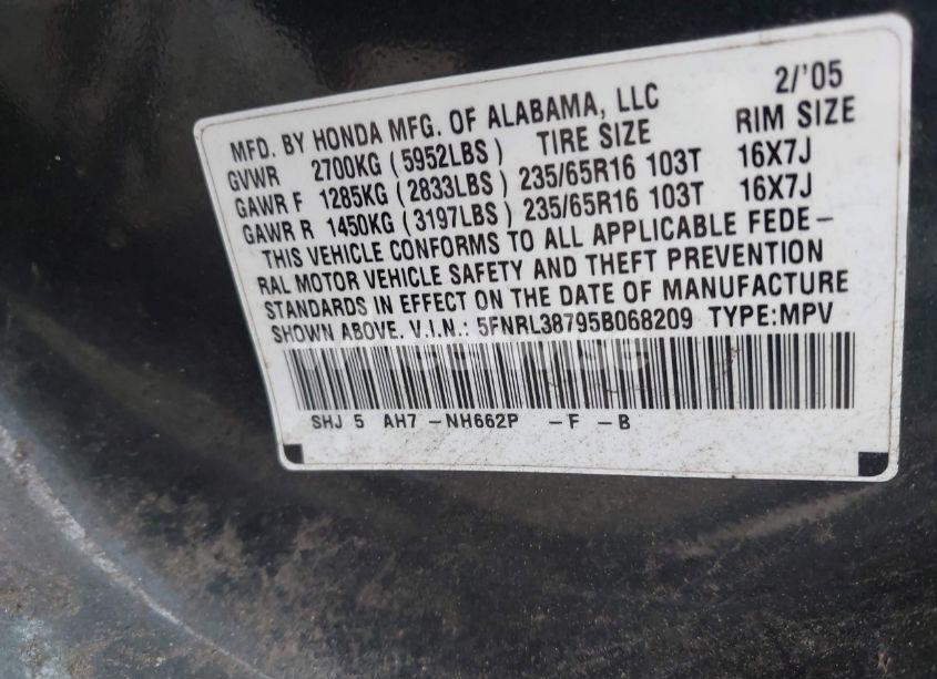 Photo 9 of 2005 Honda Odyssey EX-L (VIN 5FNRL38795B068209)