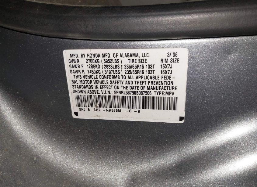 Photo 9 of 2006 Honda Odyssey EX-L (VIN 5FNRL38796B087506)