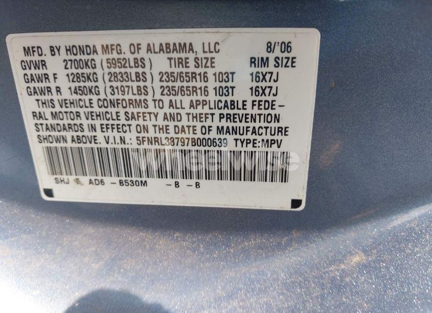 Photo 9 of 2007 Honda Odyssey EX-L (VIN 5FNRL38797B000639)