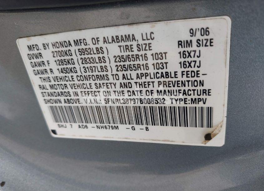 Photo 9 of 2007 Honda Odyssey EX-L (VIN 5FNRL38797B008532)