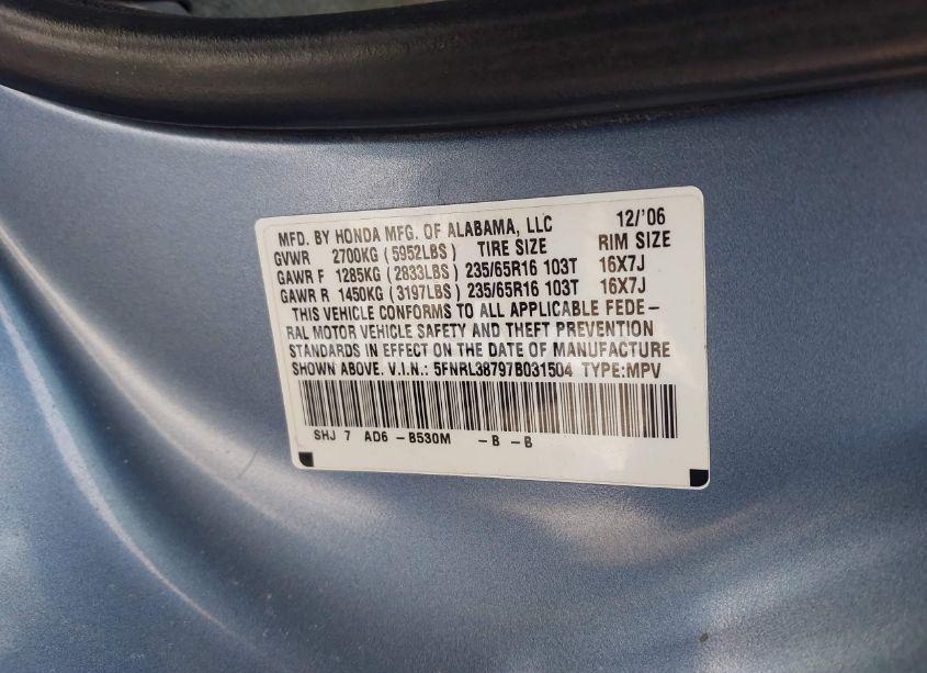 Photo 9 of 2007 Honda Odyssey EX-L (VIN 5FNRL38797B031504)