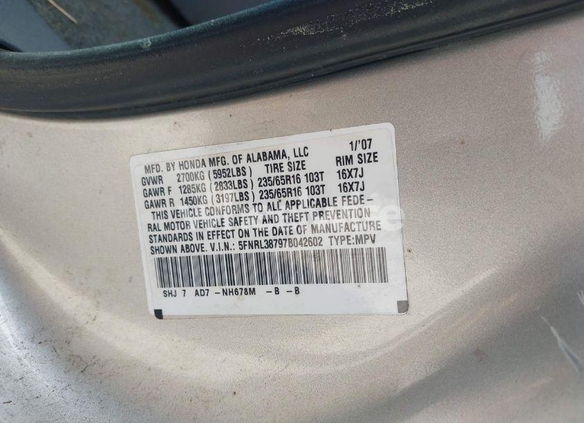 Photo 9 of 2007 Honda Odyssey EX-L (VIN 5FNRL38797B042602)