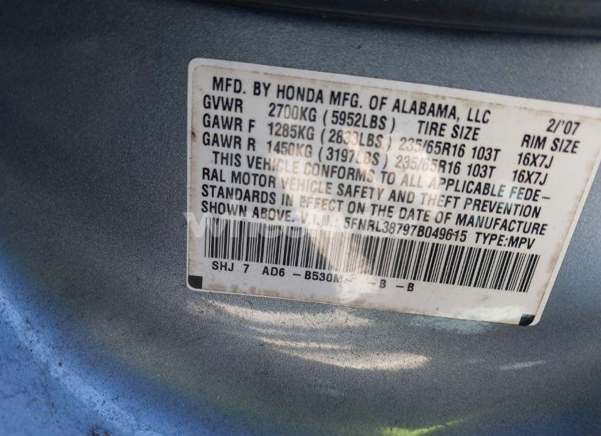 Photo 9 of 2007 Honda Odyssey EX-L (VIN 5FNRL38797B049615)