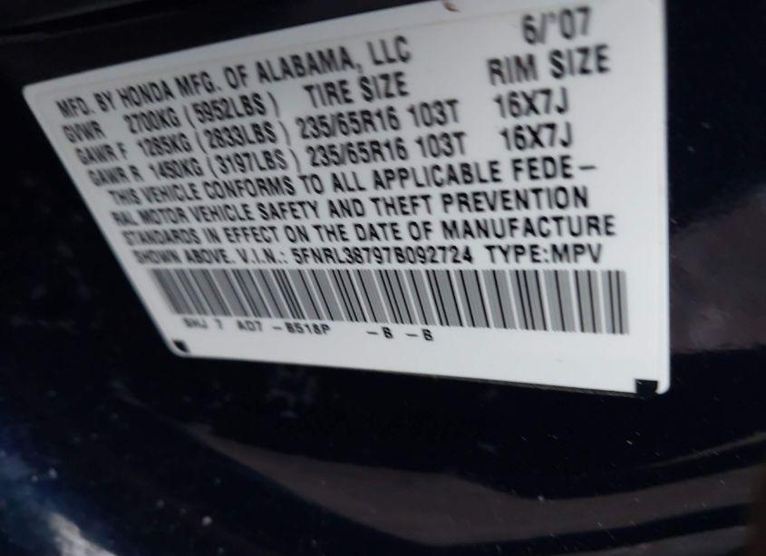 Photo 9 of 2007 Honda Odyssey EX-L (VIN 5FNRL38797B092724)