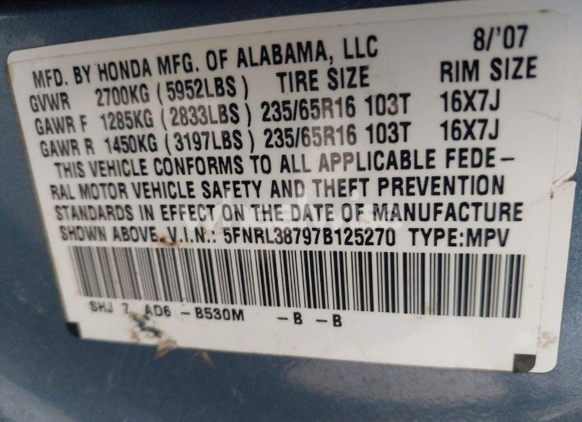 Photo 9 of 2007 Honda Odyssey EX-L (VIN 5FNRL38797B125270)