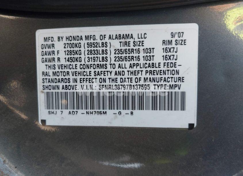 Photo 9 of 2007 Honda Odyssey EX-L (VIN 5FNRL38797B137595)