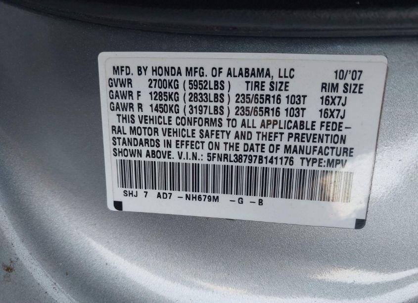 Photo 9 of 2007 Honda Odyssey EX-L (VIN 5FNRL38797B141176)