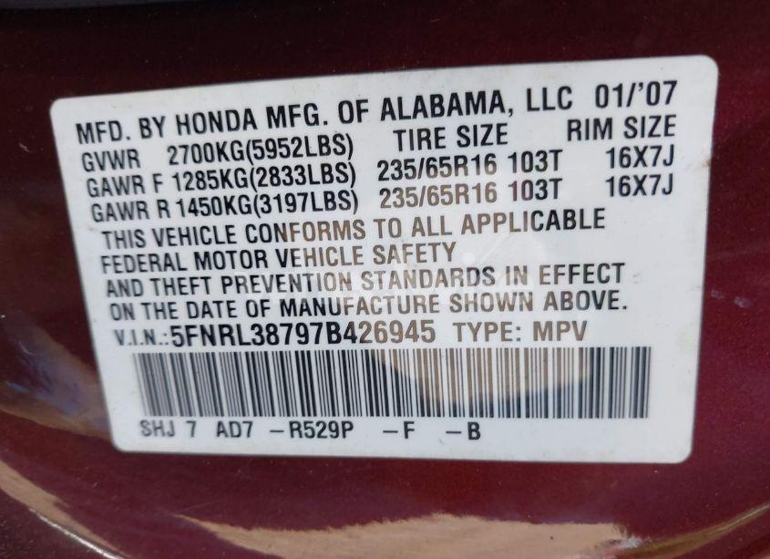 Photo 9 of 2007 Honda Odyssey EX-L (VIN 5FNRL38797B426945)