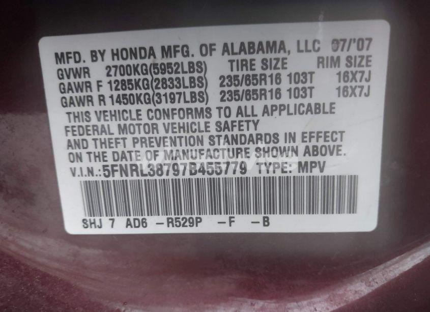Photo 9 of 2007 Honda Odyssey EX-L (VIN 5FNRL38797B455779)