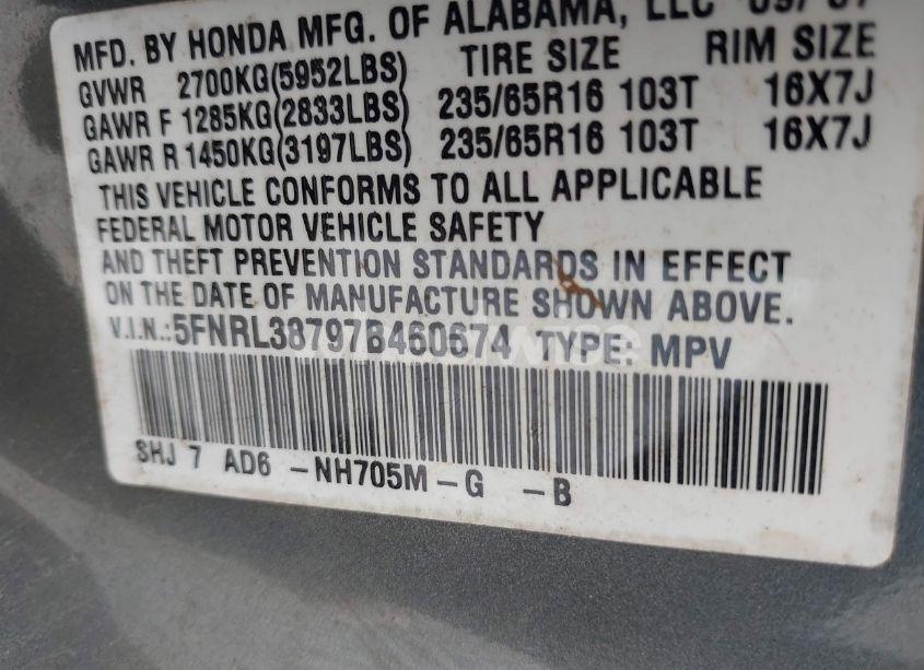 Photo 9 of 2007 Honda Odyssey EX-L (VIN 5FNRL38797B460674)