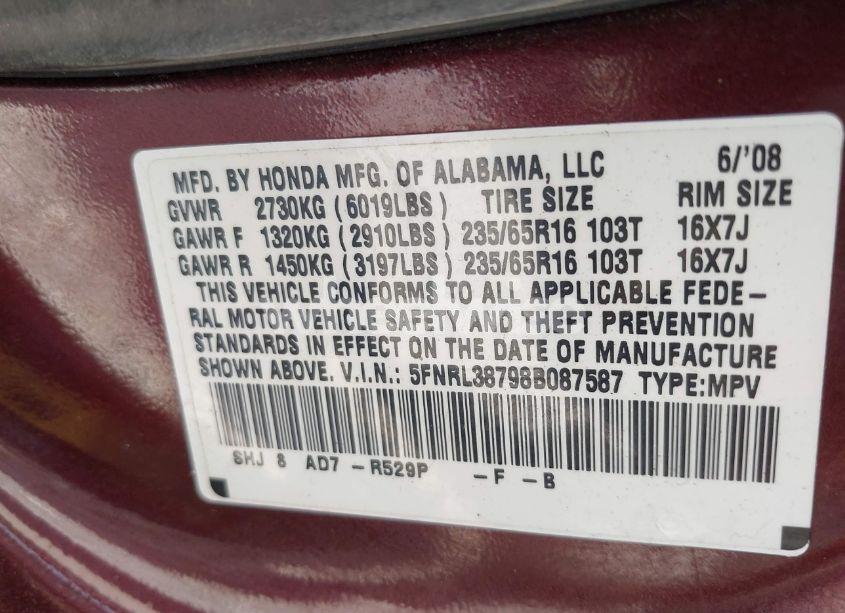 Photo 9 of 2008 Honda Odyssey EX-L (VIN 5FNRL38798B087587)