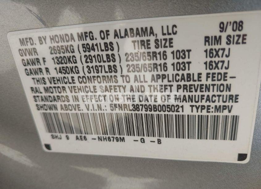 Photo 9 of 2009 Honda Odyssey EX-L (VIN 5FNRL38799B005021)