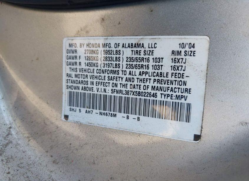 Photo 9 of 2005 Honda Odyssey EX-L (VIN 5FNRL387X5B022646)