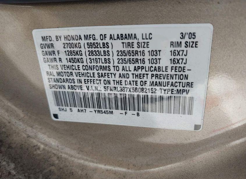 Photo 9 of 2005 Honda Odyssey EX-L (VIN 5FNRL387X5B082152)