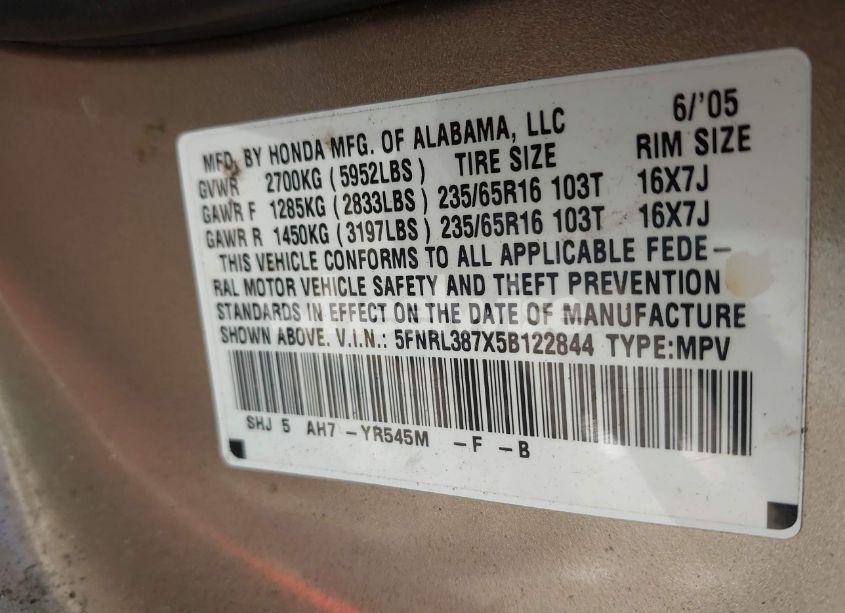 Photo 9 of 2005 Honda Odyssey EX-L (VIN 5FNRL387X5B122844)