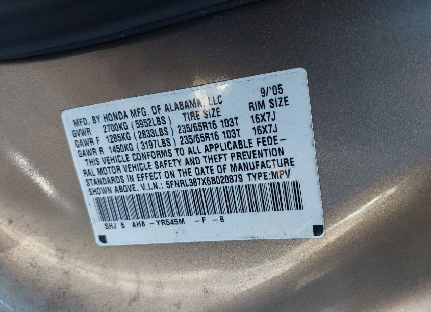 Photo 9 of 2006 Honda Odyssey EX-L (VIN 5FNRL387X6B020879)