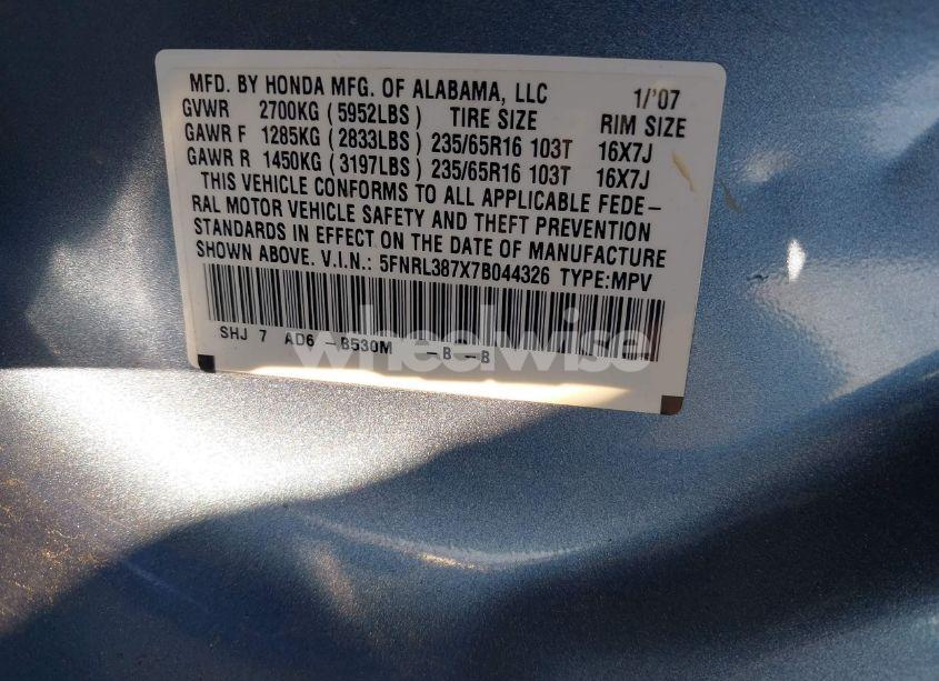 Photo 9 of 2007 Honda Odyssey EX-L (VIN 5FNRL387X7B044326)