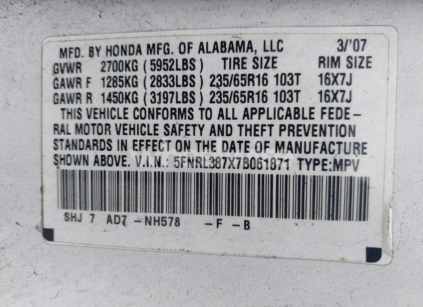 Photo 9 of 2007 Honda Odyssey EX-L (VIN 5FNRL387X7B061871)