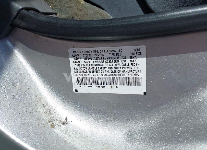 Photo 9 of 2007 Honda Odyssey EX-L (VIN 5FNRL387X7B080906)