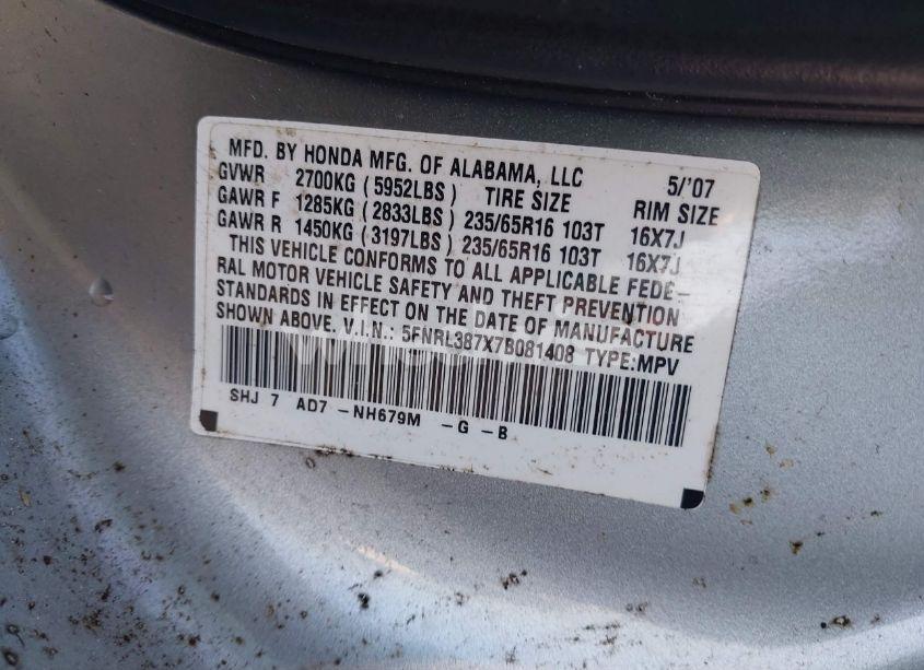 Photo 9 of 2007 Honda Odyssey EX-L (VIN 5FNRL387X7B081408)