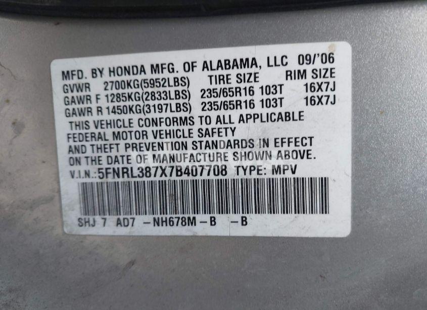 Photo 9 of 2007 Honda Odyssey EX-L (VIN 5FNRL387X7B407708)
