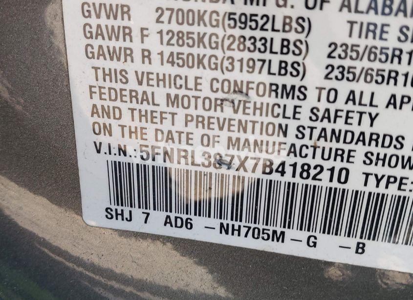 Photo 9 of 2007 Honda Odyssey EX-L (VIN 5FNRL387X7B418210)