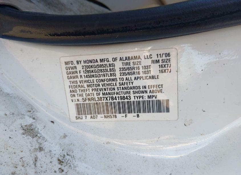 Photo 9 of 2007 Honda Odyssey EX-L (VIN 5FNRL387X7B419843)