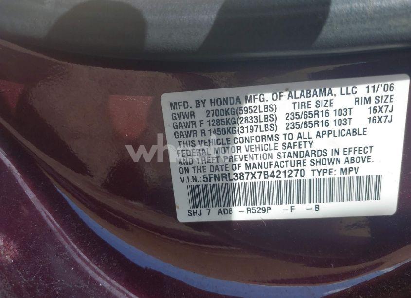 Photo 9 of 2007 Honda Odyssey EX-L (VIN 5FNRL387X7B421270)